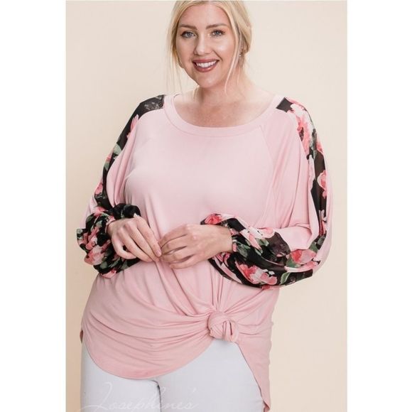 Lovely Rosetta Tops - Pink Plus Size Top With Floral Sleeves